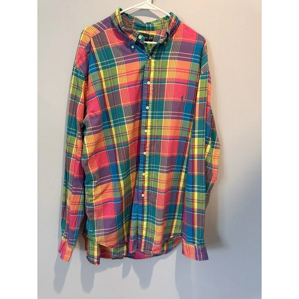Polo Ralph Lauren 2XLT Button Down Rainbow Plaid 100% Cotton Tall Long Sleeve